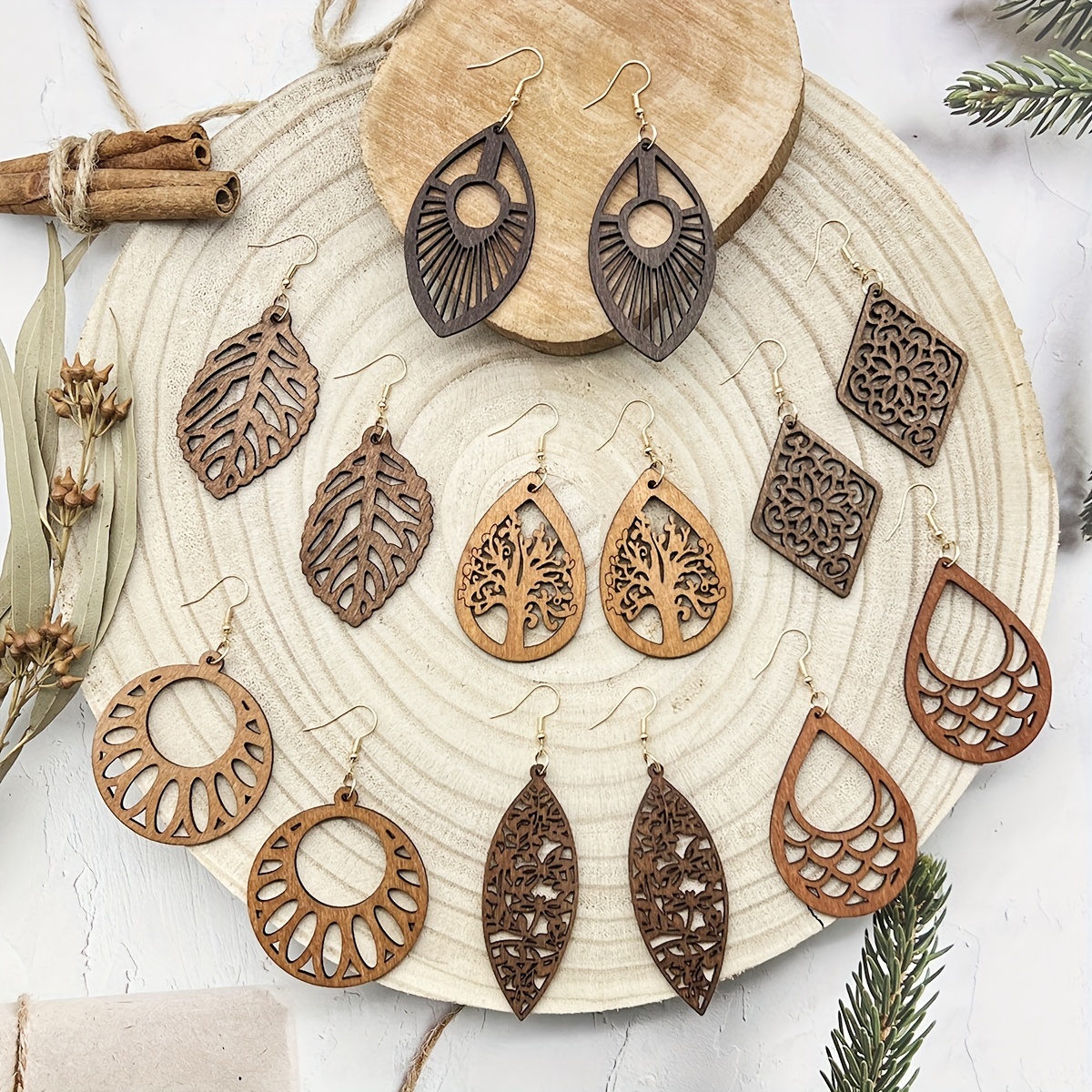 Boho Retro Wooden Earrings, Vacation Style
